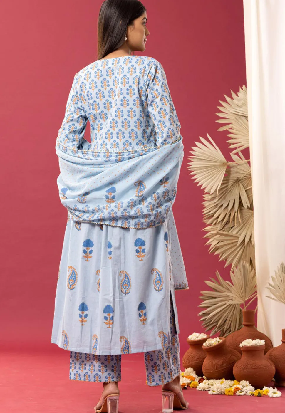 Printed Cotton Cambric Aline Suit in Sky Blue