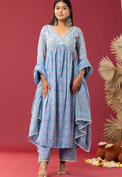 Printed Cotton Cambric Aline Suit in Sky Blue