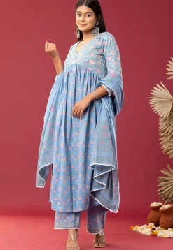 Printed Cotton Cambric Aline Suit in Sky Blue