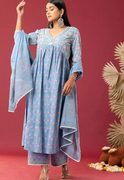 Printed Cotton Cambric Aline Suit in Sky Blue