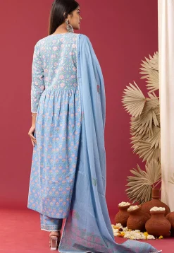 Printed Cotton Cambric Aline Suit in Sky Blue
