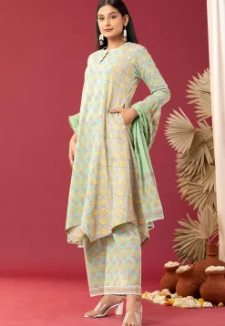 Printed Cotton Cambric Aline Suit in Light Green