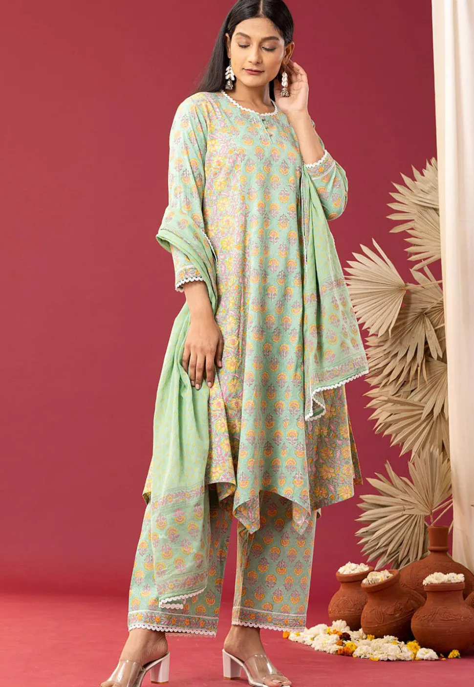 Printed Cotton Cambric Aline Suit in Light Green