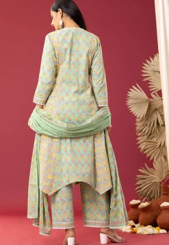 Printed Cotton Cambric Aline Suit in Light Green
