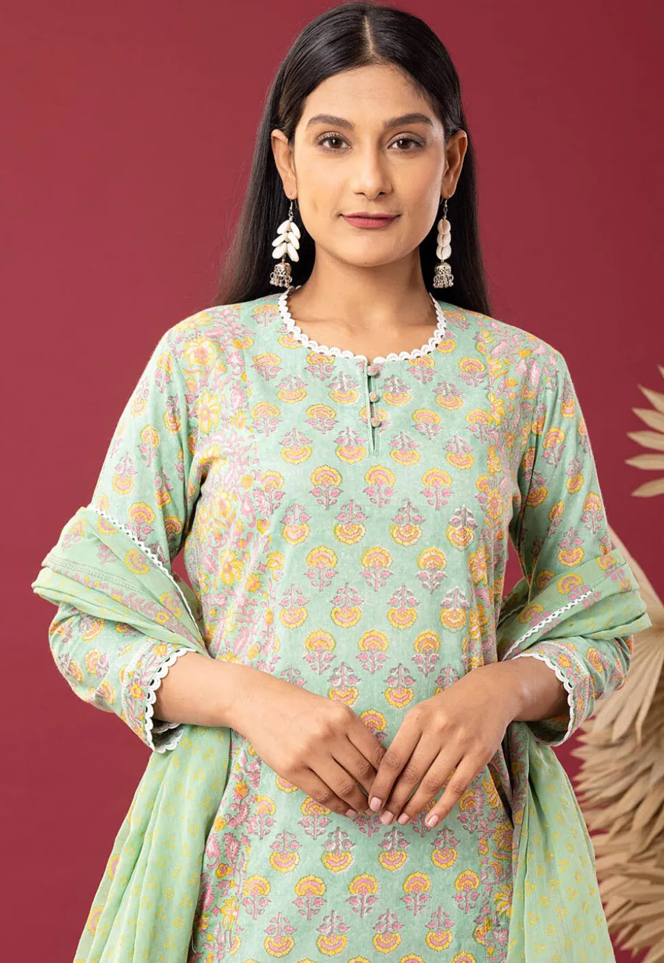 Printed Cotton Cambric Aline Suit in Light Green