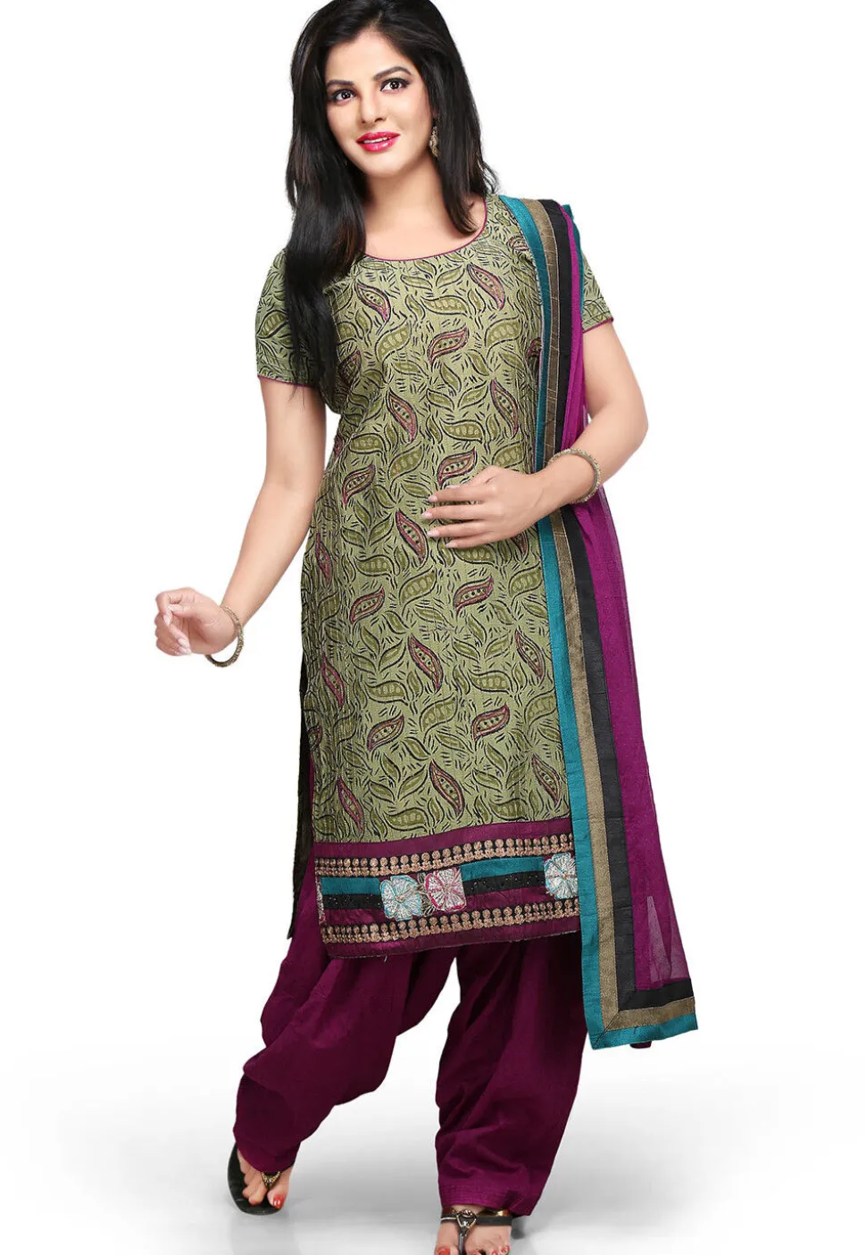 Printed Cotton Chanderi Punjabi Suit in Olive Green