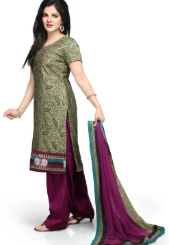 Printed Cotton Chanderi Punjabi Suit in Olive Green