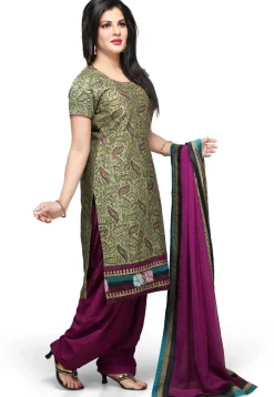 Printed Cotton Chanderi Punjabi Suit in Olive Green