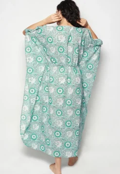 Printed Cotton Clinched Waist Maxi Kaftan in Sea Green