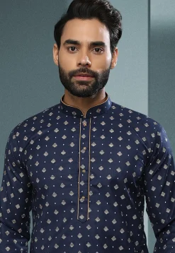 Printed Cotton Dhoti Kurta in Navy Blue