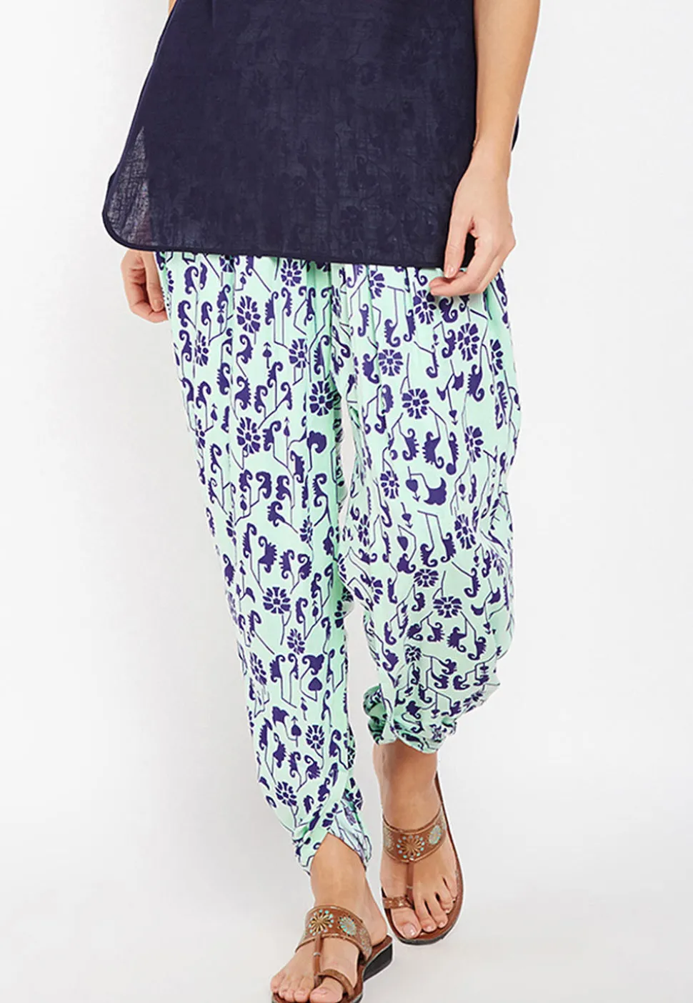 Printed Cotton Dhoti Pant in Sea Green
