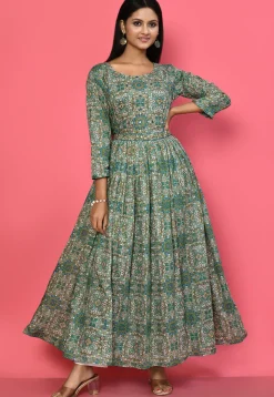 Printed Cotton Flared Dress in Grey and Multicolor