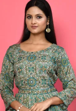 Printed Cotton Flared Dress in Grey and Multicolor