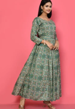 Printed Cotton Flared Dress in Grey and Multicolor