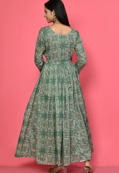 Printed Cotton Flared Dress in Grey and Multicolor