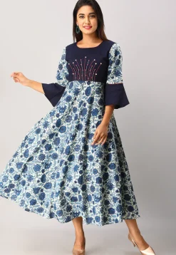 Printed Cotton Flex A Line Flared Kurta in Blue and Off White