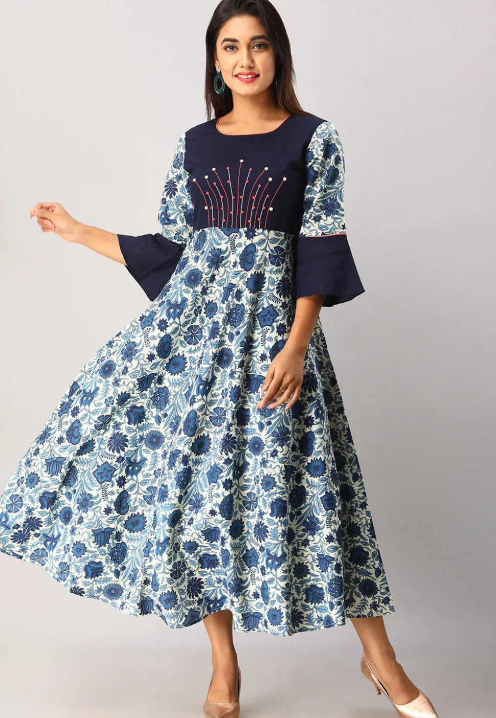 Printed Cotton Flex A Line Flared Kurta in Blue and Off White