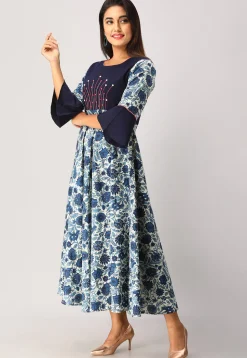 Printed Cotton Flex A Line Flared Kurta in Blue and Off White
