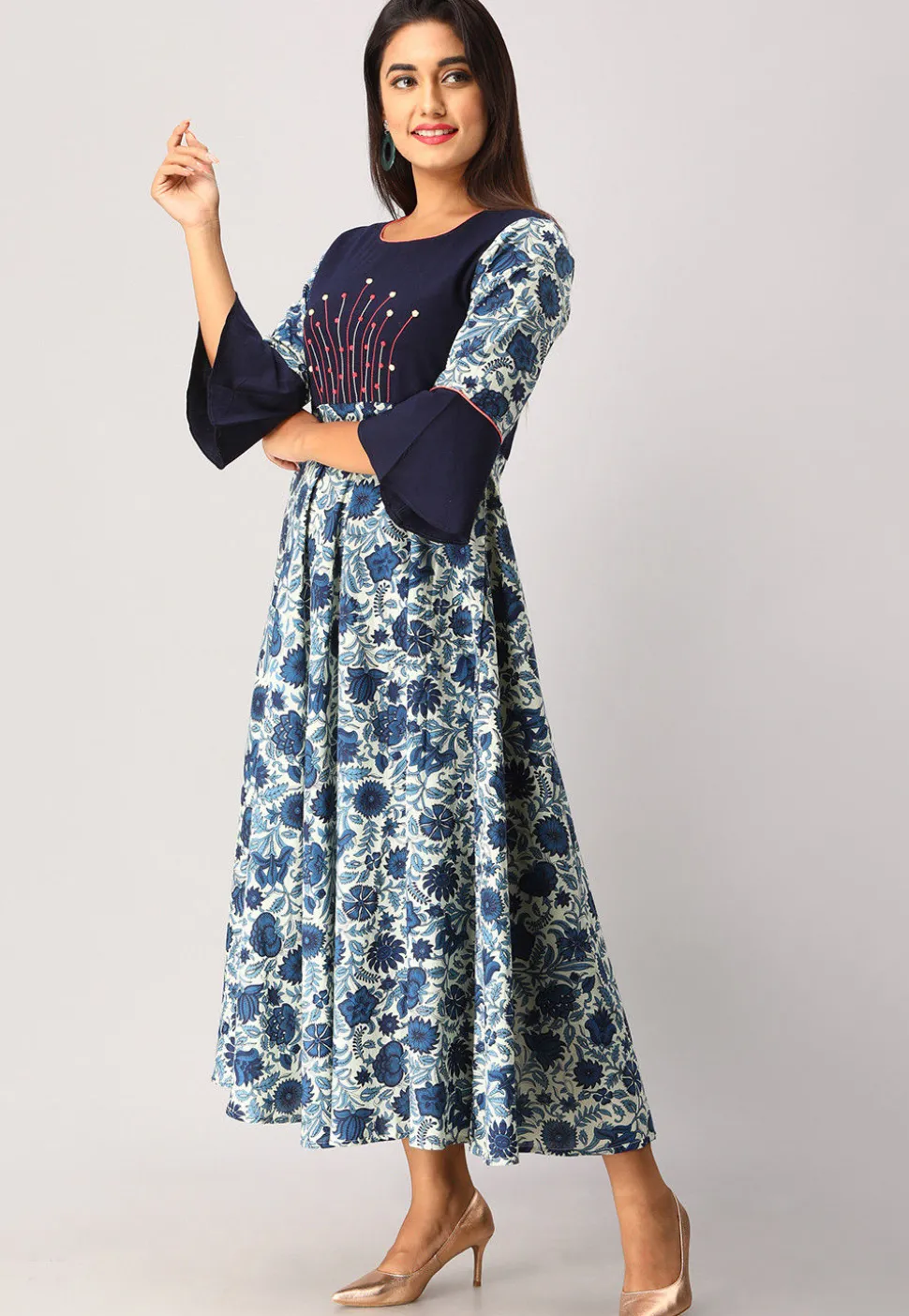 Printed Cotton Flex A Line Flared Kurta in Blue and Off White