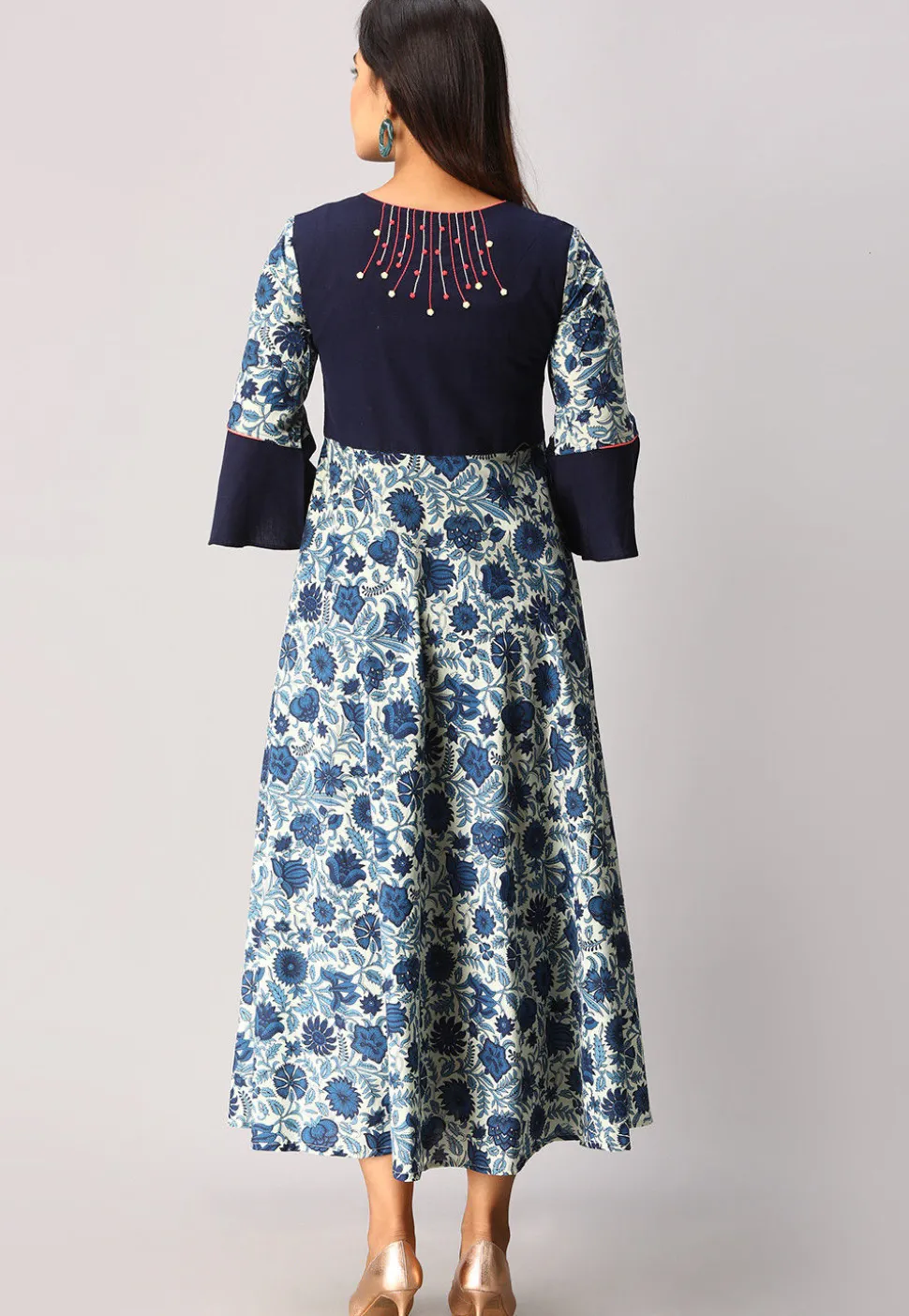 Printed Cotton Flex A Line Flared Kurta in Blue and Off White