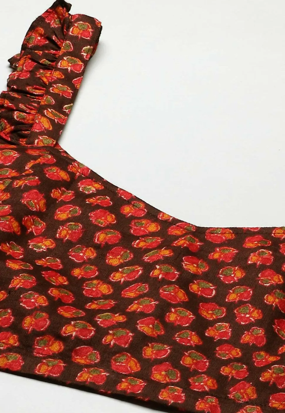 Printed Cotton Frilled Strappy Blouse in Dark Brown