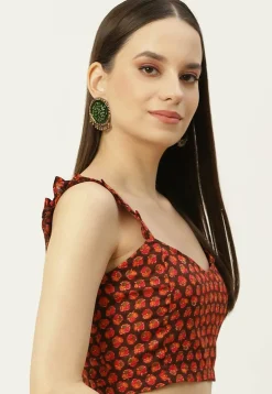 Printed Cotton Frilled Strappy Blouse in Dark Brown