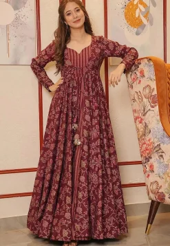 Printed Cotton Gown in Maroon