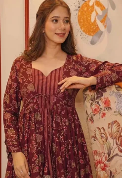 Printed Cotton Gown in Maroon