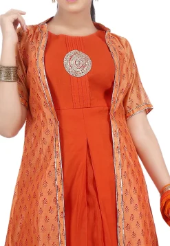 Printed Cotton Jacket Abaya Style Suit in Orange