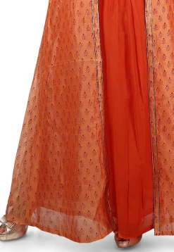 Printed Cotton Jacket Abaya Style Suit in Orange