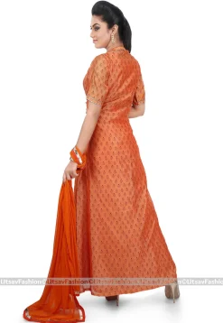Printed Cotton Jacket Abaya Style Suit in Orange
