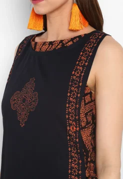 Printed Cotton Jacket Style Kurta in Black and Orange