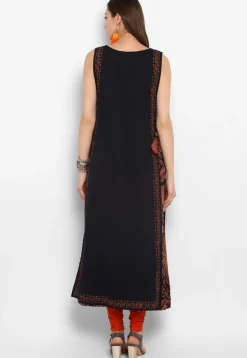 Printed Cotton Jacket Style Kurta in Black and Orange