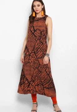 Printed Cotton Jacket Style Kurta in Black and Orange