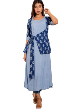 Printed Cotton Jacket Style Kurta in Blue