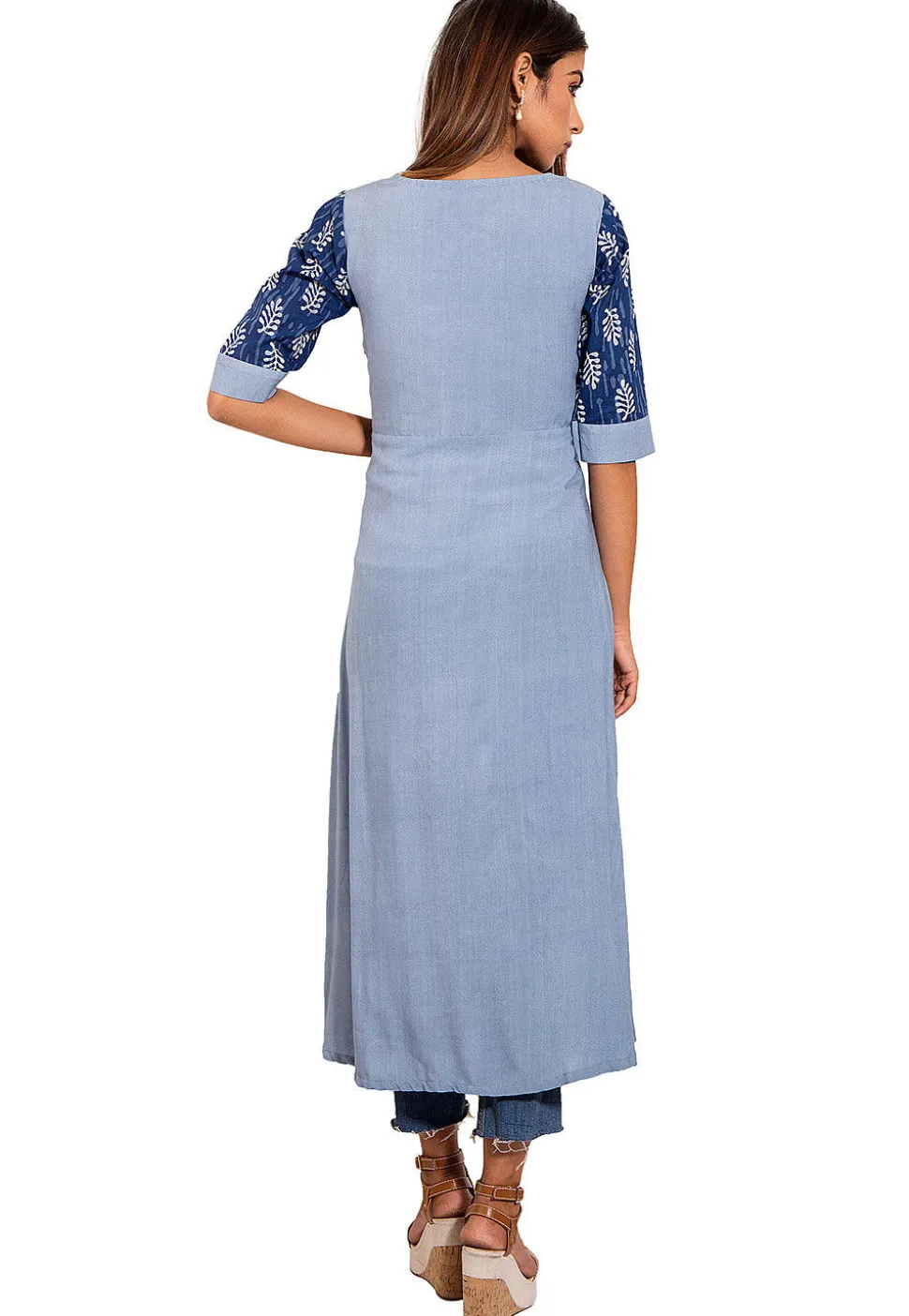 Printed Cotton Jacket Style Kurta in Blue