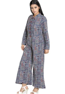Printed Cotton Jumpsuit in Blue and Multicolor
