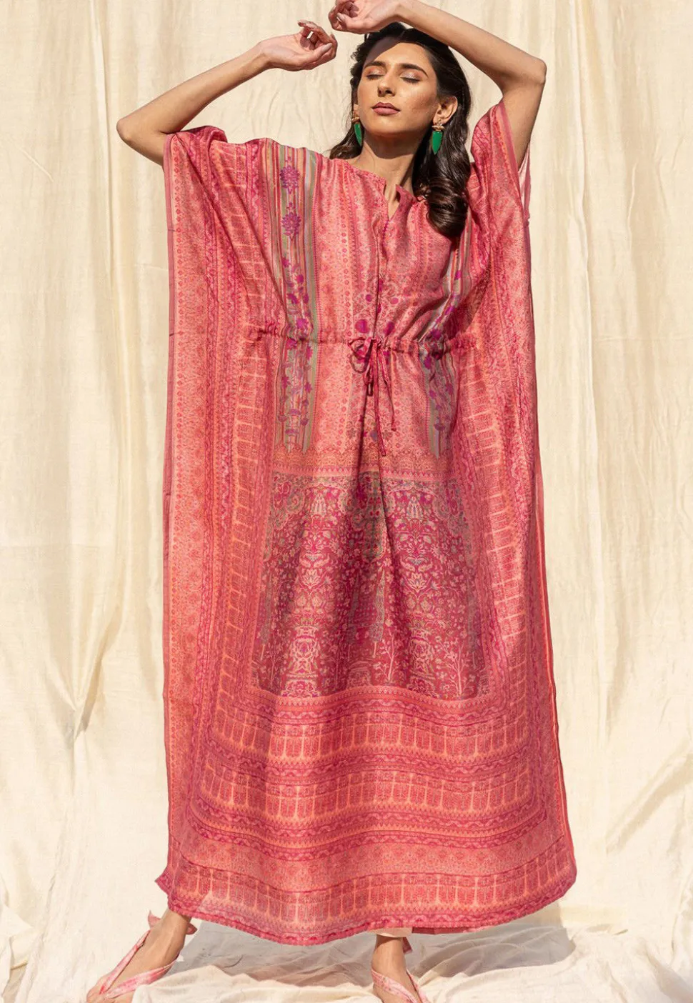 Printed Cotton Kaftan in Peach