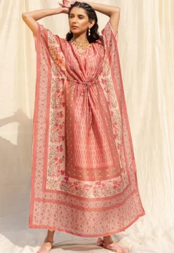 Printed Cotton Kaftan in Light Red