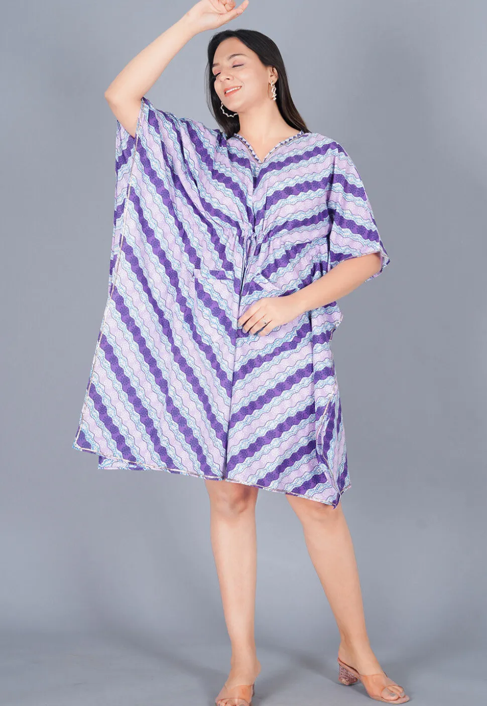Printed Cotton Kaftan in Shaded Purple