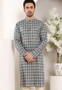 Printed Cotton Kurta in Blue and Fawn