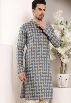 Printed Cotton Kurta in Blue and Fawn