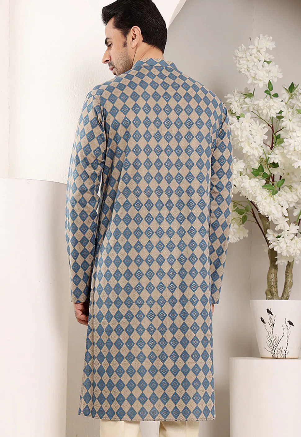 Printed Cotton Kurta in Blue and Fawn
