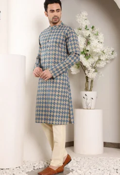 Printed Cotton Kurta in Blue and Fawn