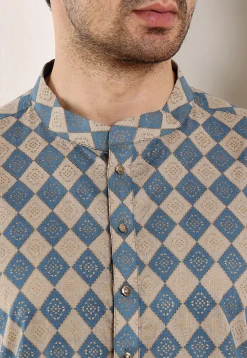Printed Cotton Kurta in Blue and Fawn