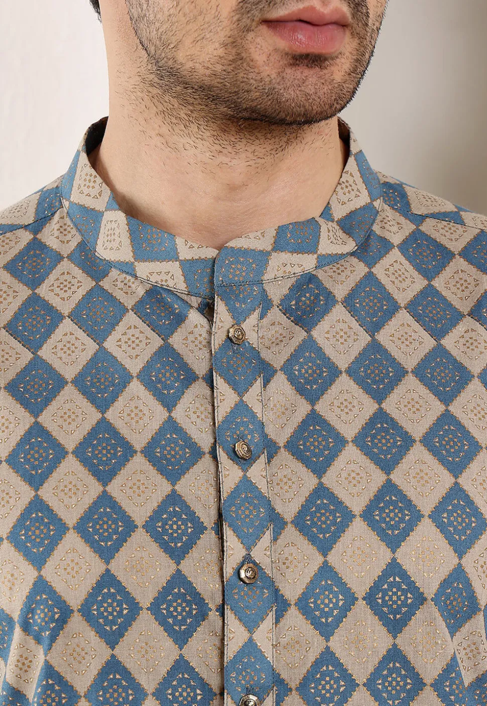 Printed Cotton Kurta in Blue and Fawn