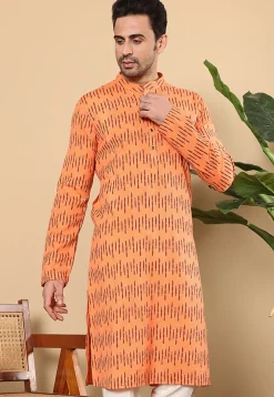 Printed Cotton Kurta in Light Orange