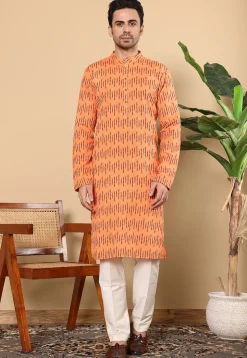 Printed Cotton Kurta in Light Orange