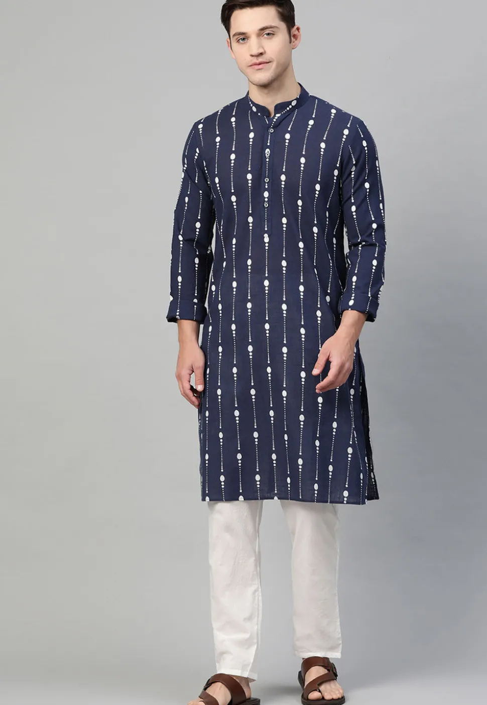 Printed Cotton Kurta in Navy Blue
