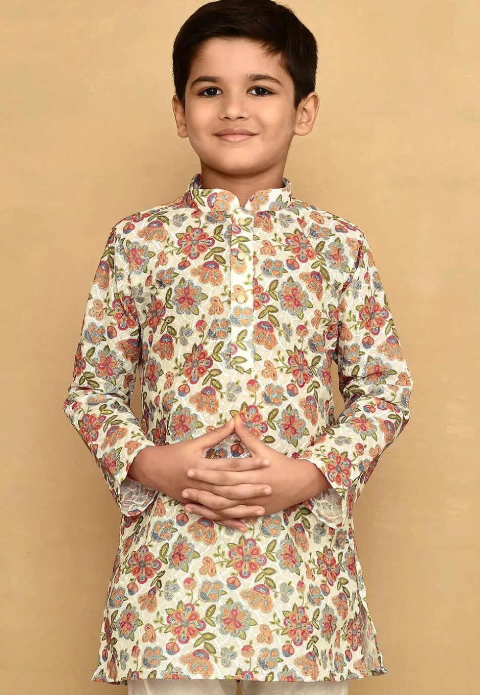 Printed Cotton Kurta in Off White